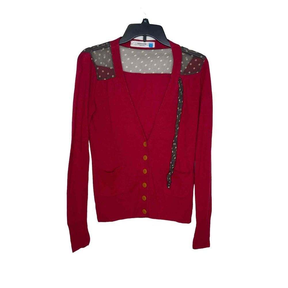 Sparrow Anthropologie Women Cardigan Sweater Chiffon Bow Polka‎ Dot Red Size XS